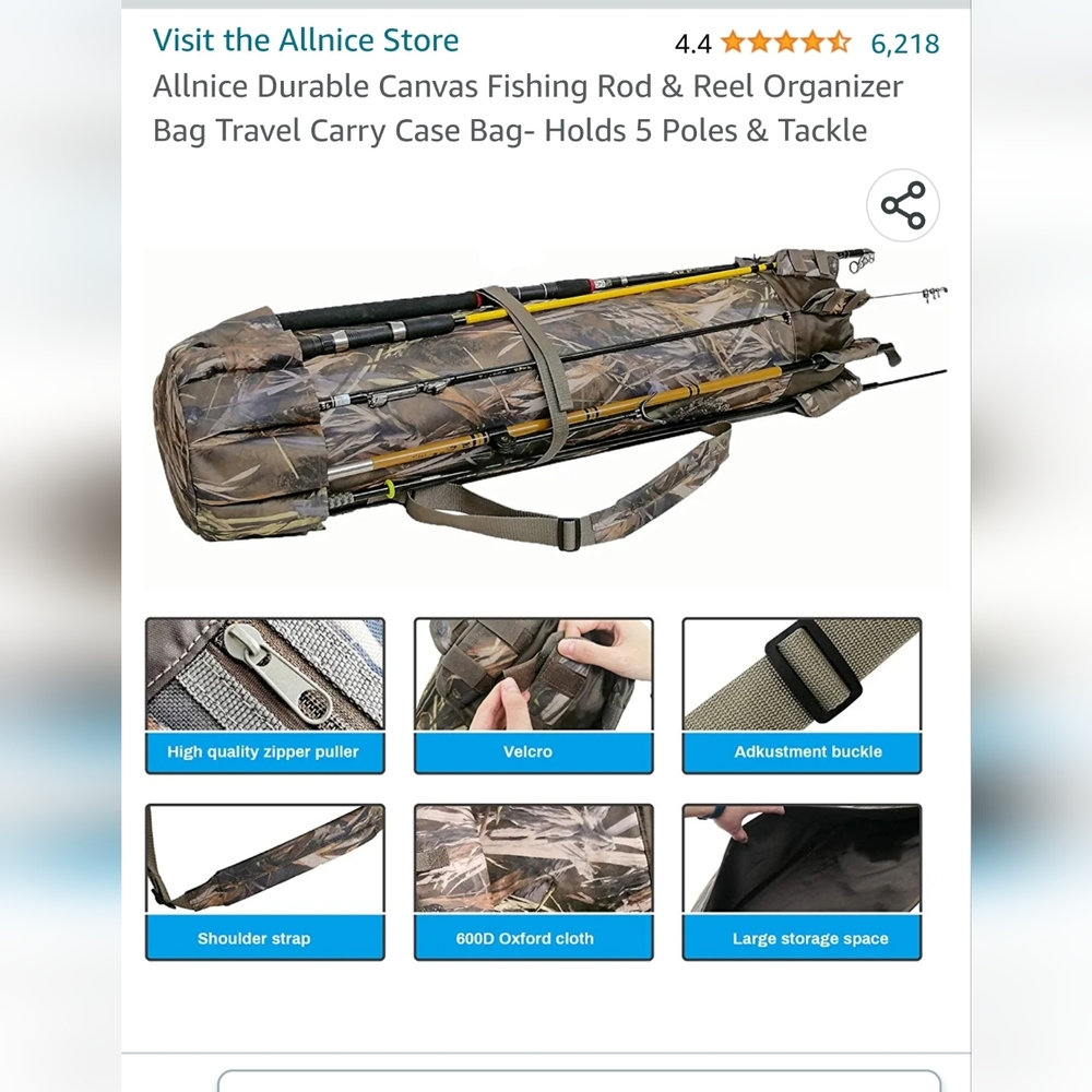 Allnice Durable Canvas Rod and Reel Organizer Bag Holds 5 Rods Camo